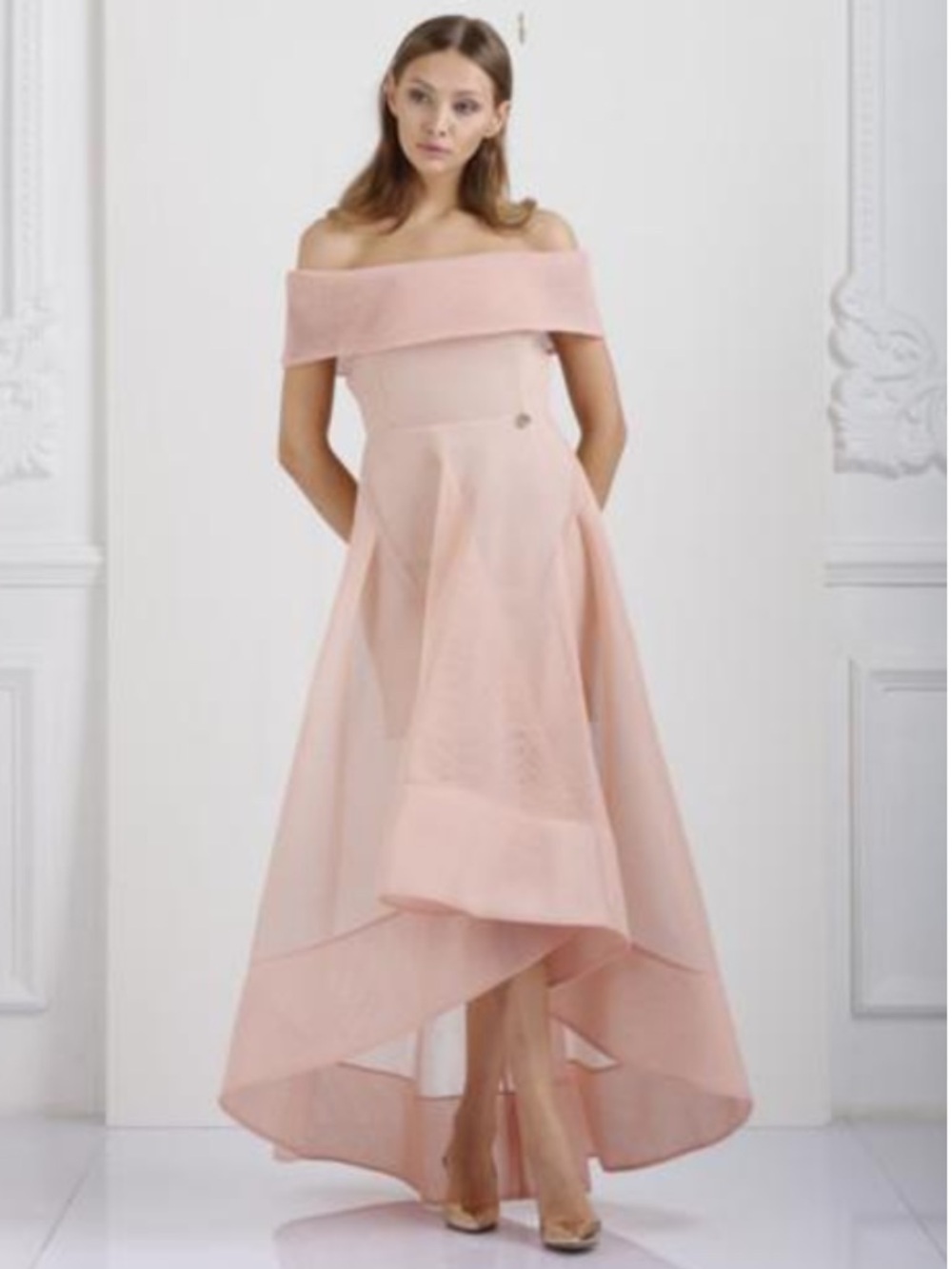 ⁠Bronx and Banco NWT Blush Pink Tulip Off Shoulder Cutout Mesh Gown Dress 4⁠ - Picture 5 of 16